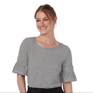 LC Lauren Conrad Smocked 3/4 Bell Sleeve Tie Back Top Black & White Size Small